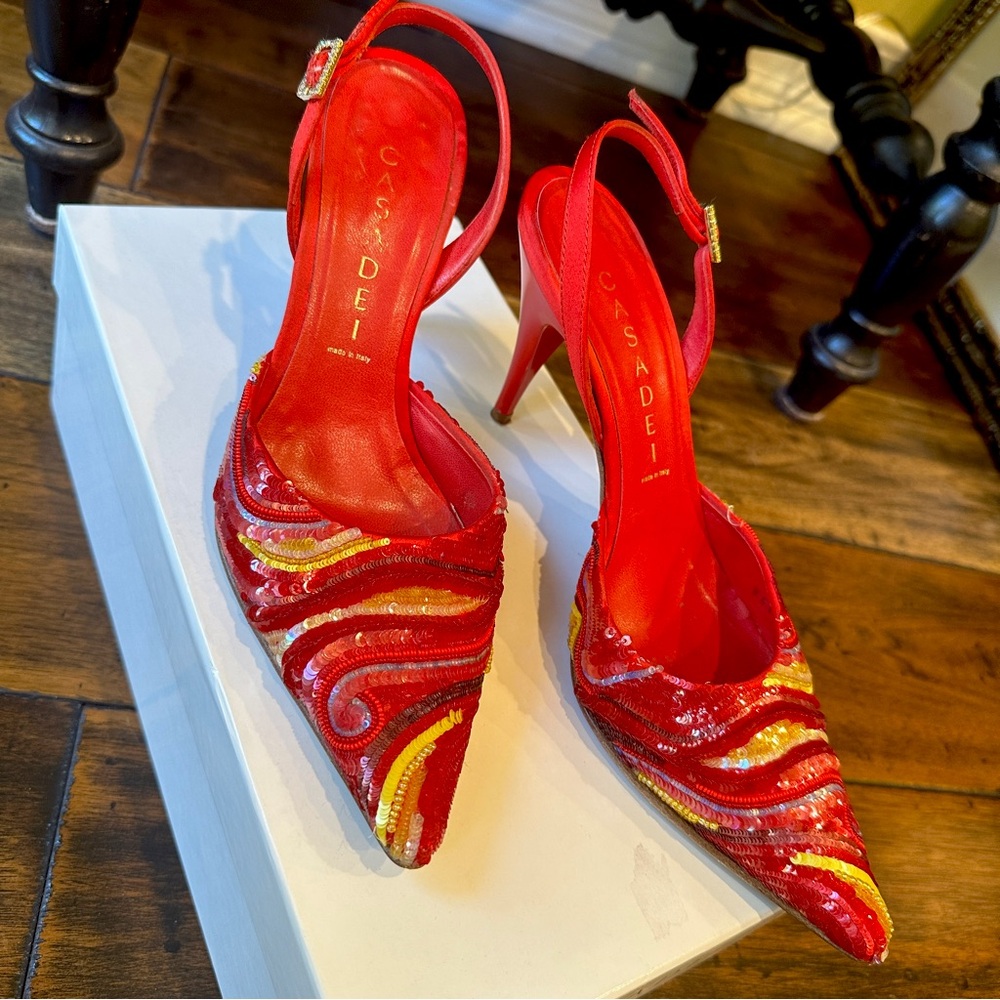 Casadei Heels Beautiful & Colorful Beading & Sequins & Rhinestone Buckle EUC
